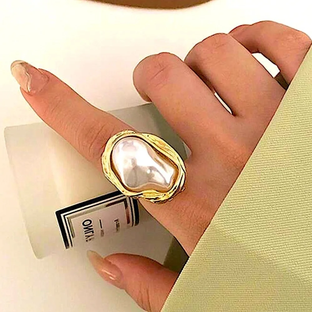 Irregular Pearl Rings Gold Baroque Statement Ring Adjustable Chunky Wedding